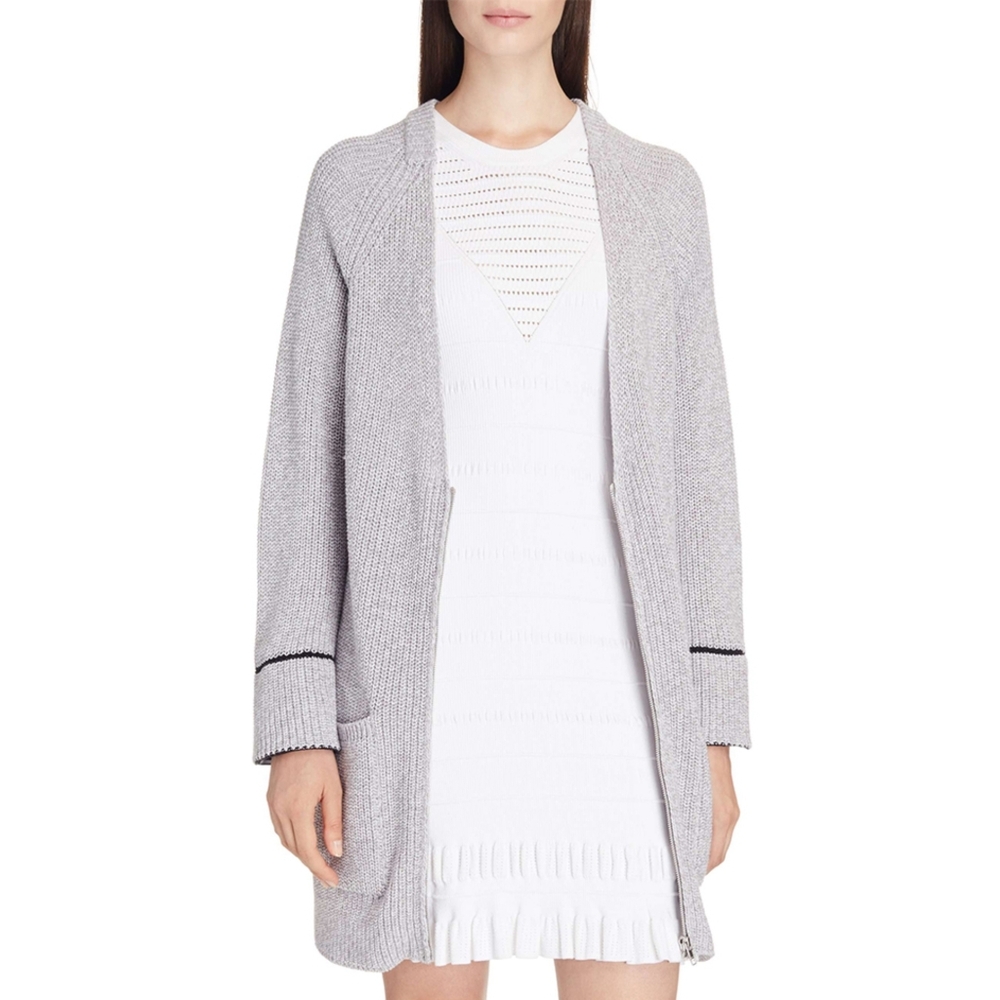 Kenzo Paris Wool Blend V-Neck Front Zipper Knit Sweater Cardigan in Gray & Black